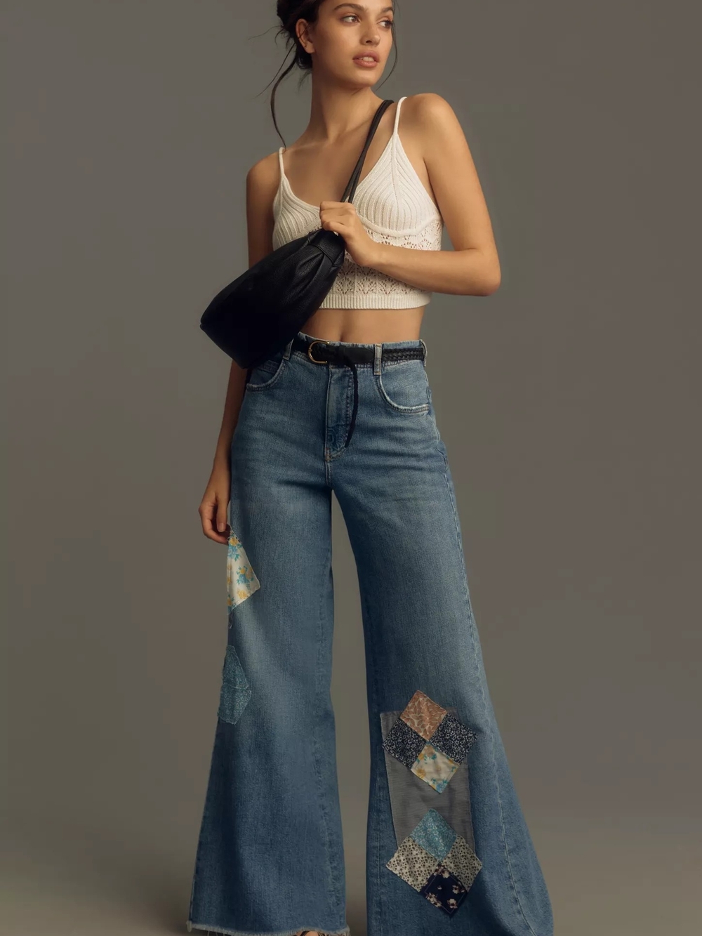 The Adi Patchwork Mid-Rise Frayed Relaxed Flare Jeans by Pilcro